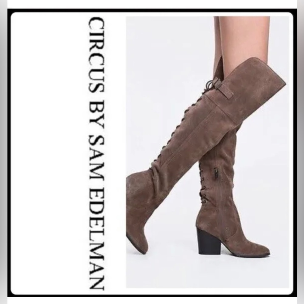 Sam Edelman Circus Over Knee Alberto Walnut Suede Lace Up Boots 9.5M